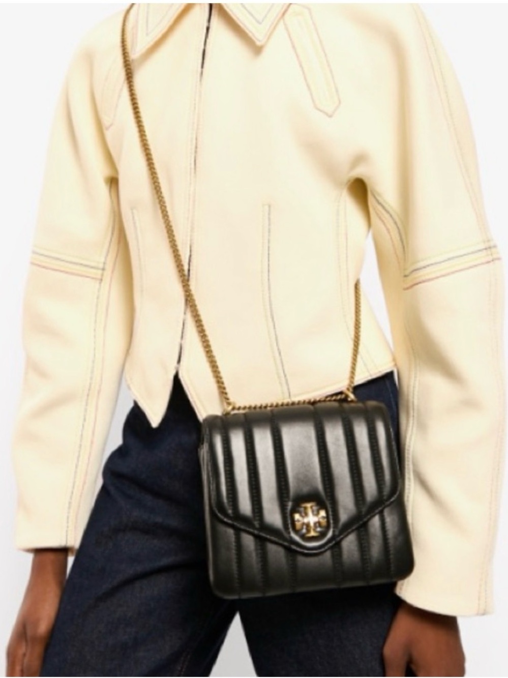 Tory Burch Kira Square Quilted Leather Crossbody with Gold Chain